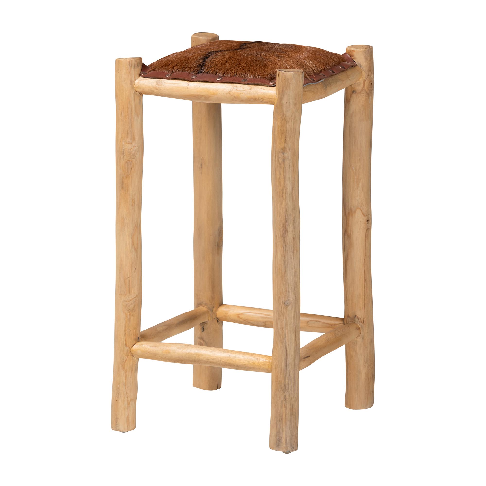 bali & pari Rivera Genuine Goat Leather Counter Stool - Rustic Boho Seating with Teak Wood Frame and Natural Hide Upholstery